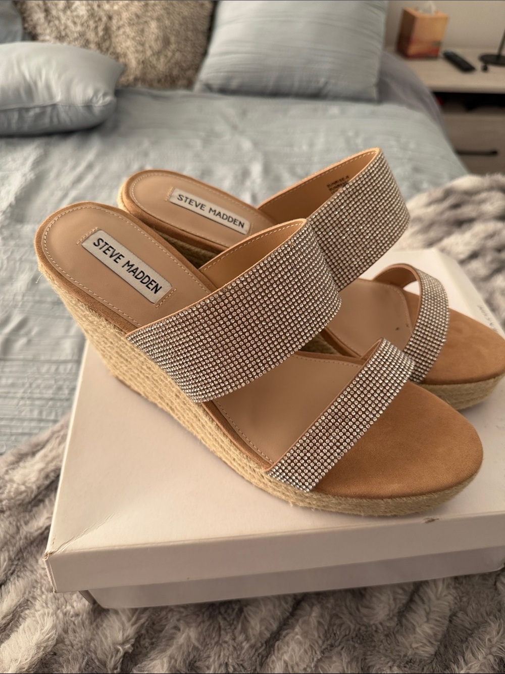 Steve Madden Tan Wedge Sandals with Rhinestone Double Straps